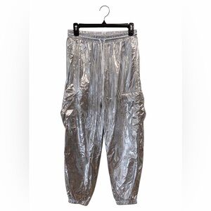Silver Metallic Cargo Jogger Pants Womens Large Elastic Waist Streetwear